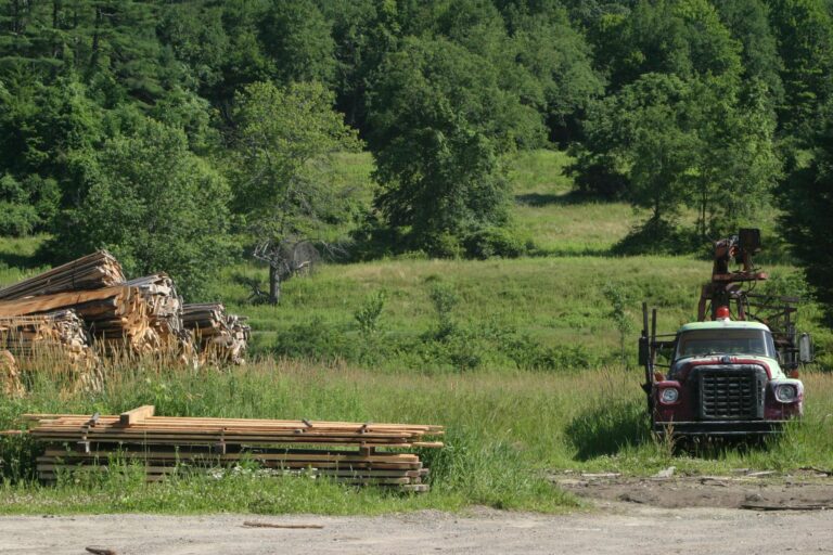 A scenic rural landscape featuring a vintage truck and sawmill with stacks of wood.